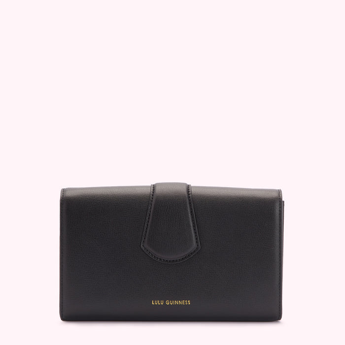 Black Lulu Guinness leather wallet against a white background.