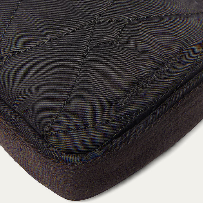 Close-up of a black quilted bag with lip shaped stitching and embroidered 'Lulu Guinness' logo on a white background