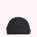 Black quilted makeup bag with a lip print.
