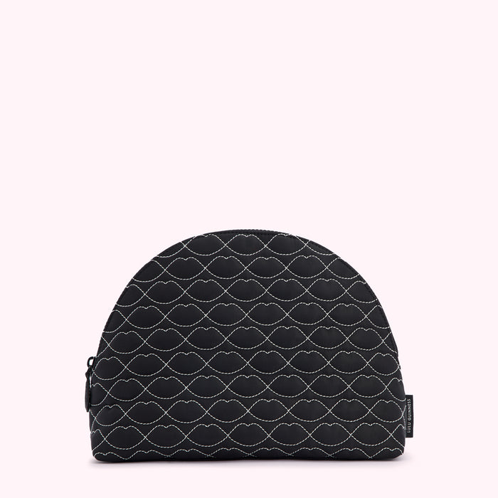 Black quilted makeup bag with a lip print.