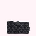 Black quilted makeup bag with a repeating lip pattern.