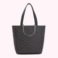 Black quilted tote bag with lip-shaped pattern and clear handles.