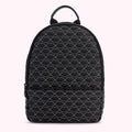 Black quilted backpack with a repeating lip print.