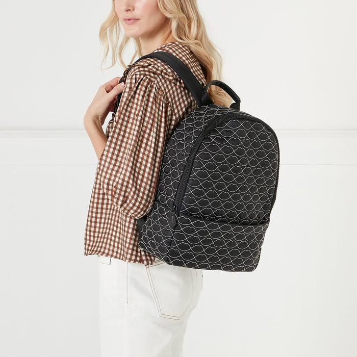 A woman in a brown and white gingham shirt and white jeans is modelling a black backpack with a white lip print.