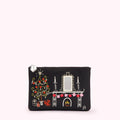 Black pouch with embroidered Christmas scene featuring a tree, fireplace, and mantelpiece.