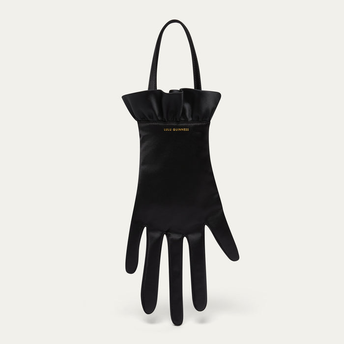 Black satin hand-shaped bag with brand logo on a light gray background