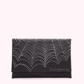 Black clutch with silver embellishments in an arc pattern, Lili G Guinness logo.