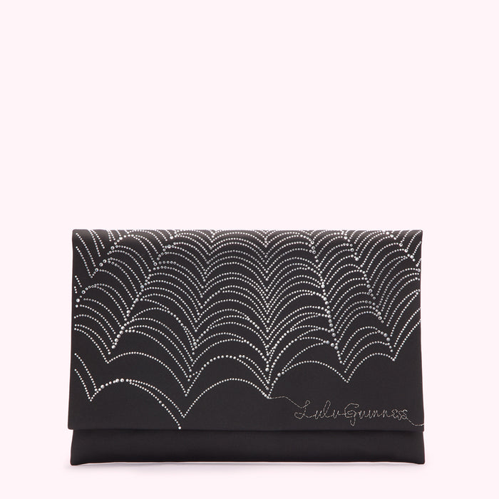 Black clutch with silver embellishments in an arc pattern, Lili G Guinness logo.