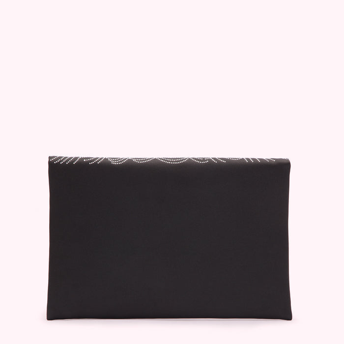 Black clutch with rhinestone detailing.