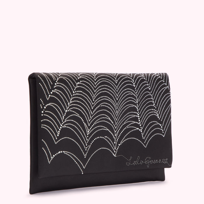 Black satin clutch with silver embellishments in an art deco design.