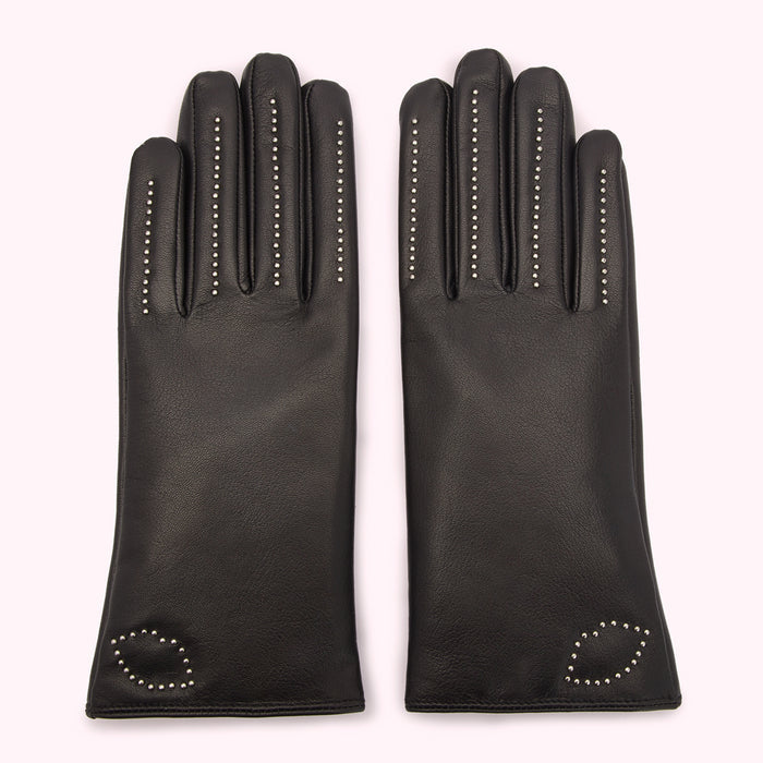 Pair of black leather gloves with silver studs.