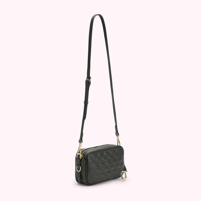 Dark green quilted crossbody bag with gold hardware.
