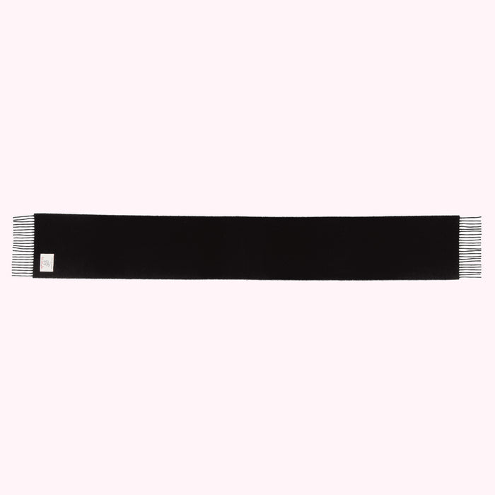 Black rectangular scarf with fringed edges against a white background.