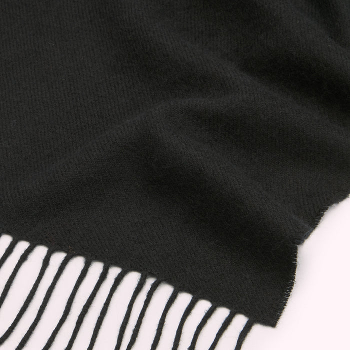 Close-up of a black fringed scarf against a white background.