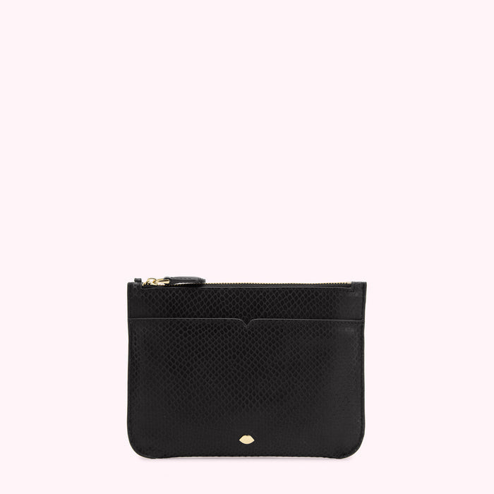 Black leather zip pouch with gold zipper and small gold logo.
