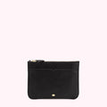 Black leather zip pouch with gold zipper and small gold logo.