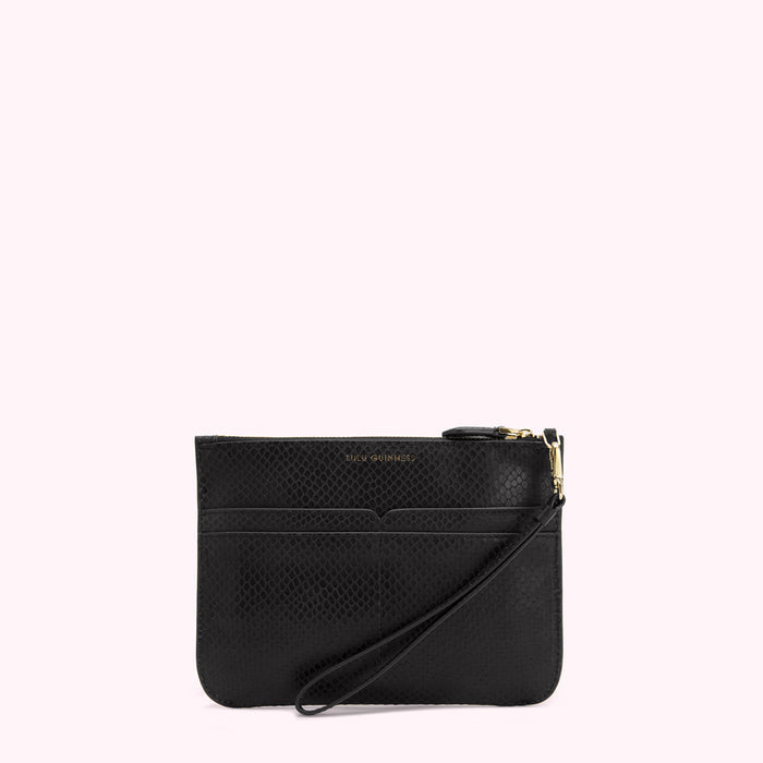 Black snakeskin-textured clutch with gold zipper and wrist strap.