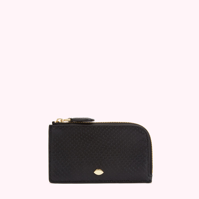 Black leather zip-around purse with gold zipper and logo.