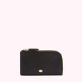 Black leather zip-around purse with gold zipper and logo.