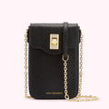 Black Lulu Guinness crossbody bag with gold chain strap and clasp.