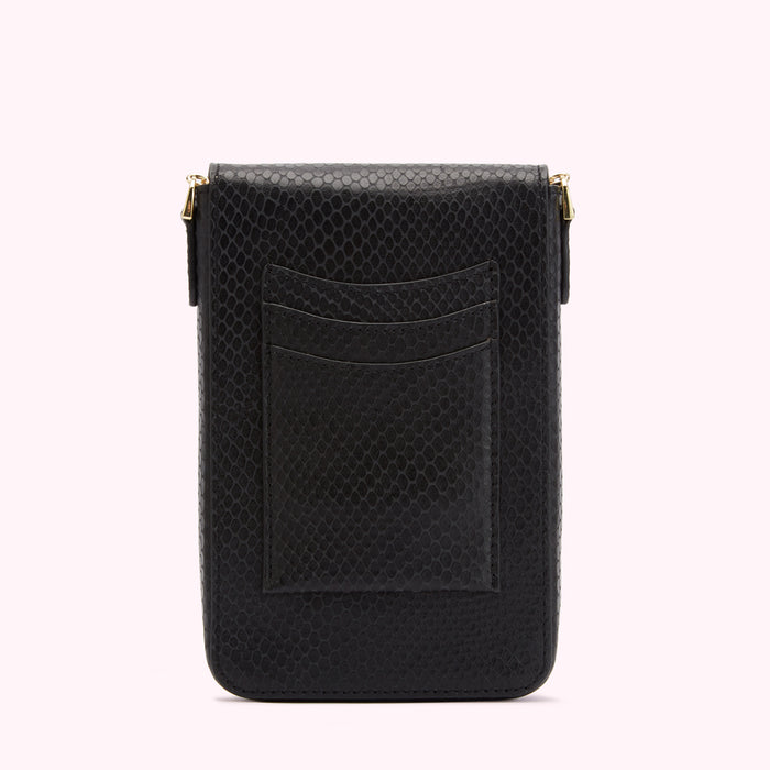 Black snakeskin-textured crossbody bag with gold zippers and multiple card slots.