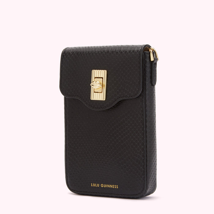 Black Lulu Guinness crossbody bag with gold clasp.