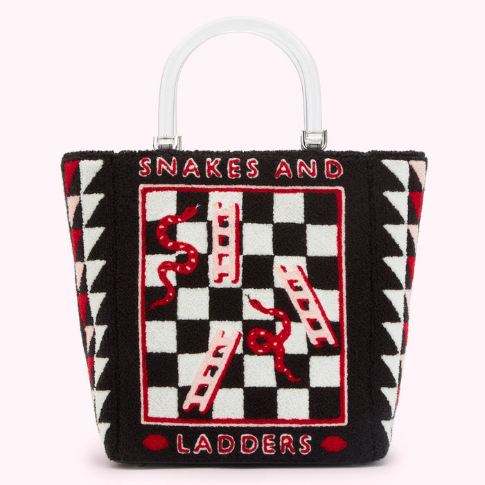 Black tote bag with a snakes and ladders design, clear handle.