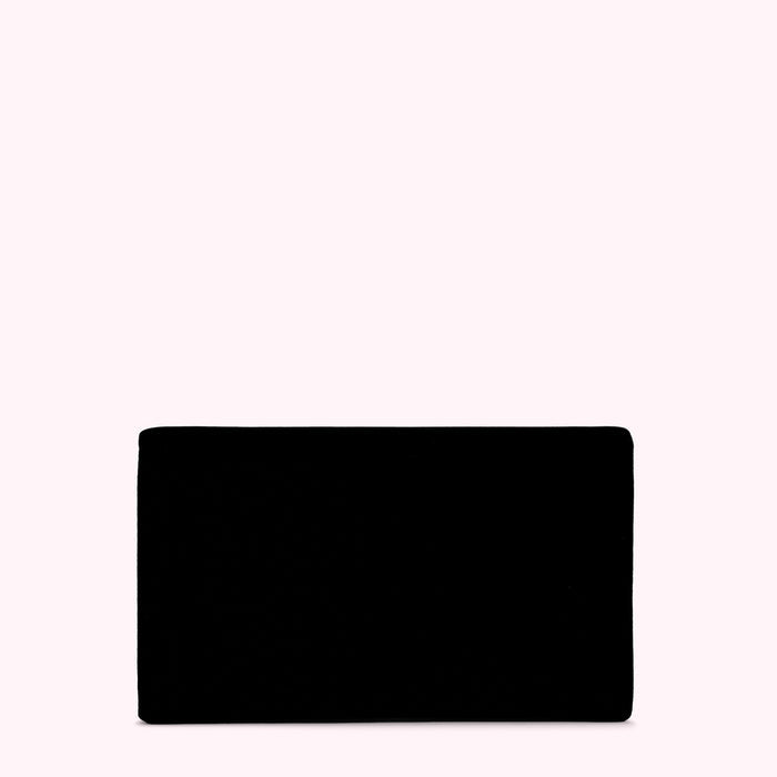 Black rectangular clutch on a white background.