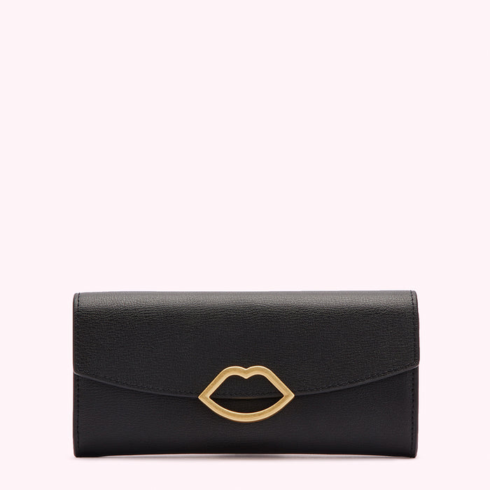 Black leather wallet with gold lip detail.