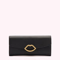 Black leather wallet with gold lip detail.