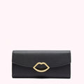 Black leather wallet with gold lip detail against a white background.