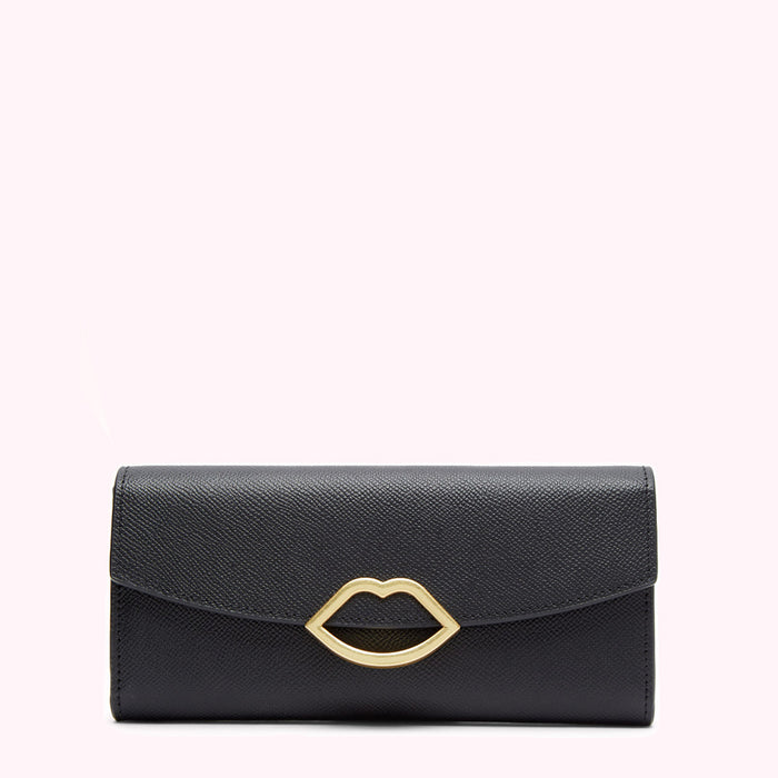 Black leather wallet with gold lip detail against a white background.