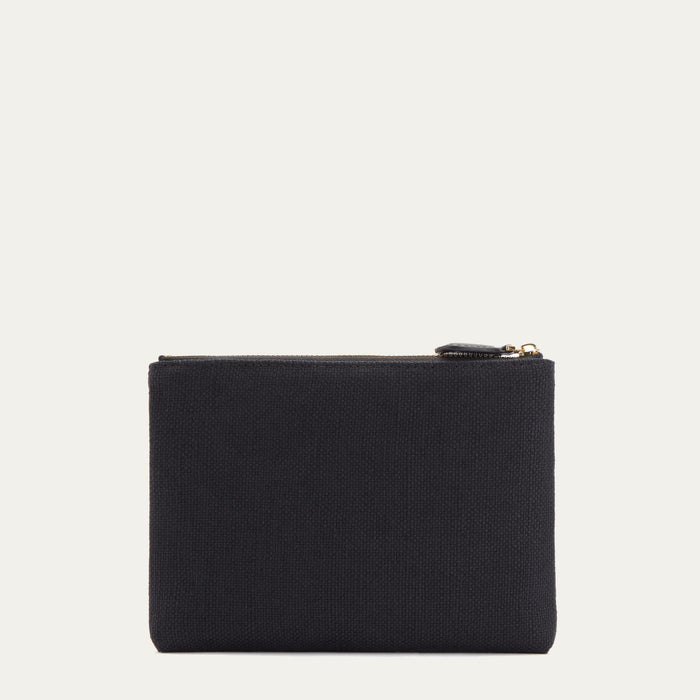 Back image of a black canvas pouch.