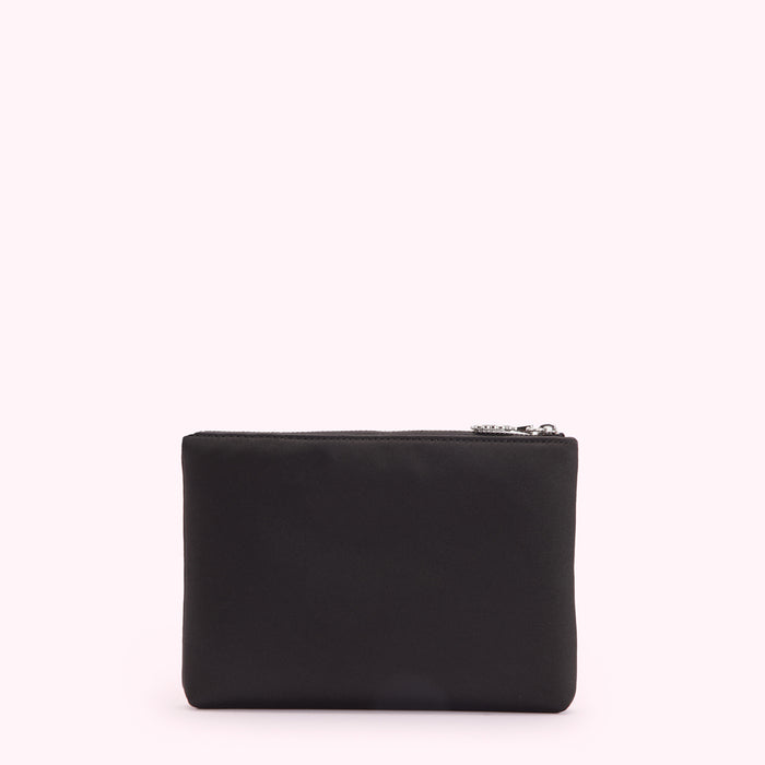Black zippered pouch on white background.