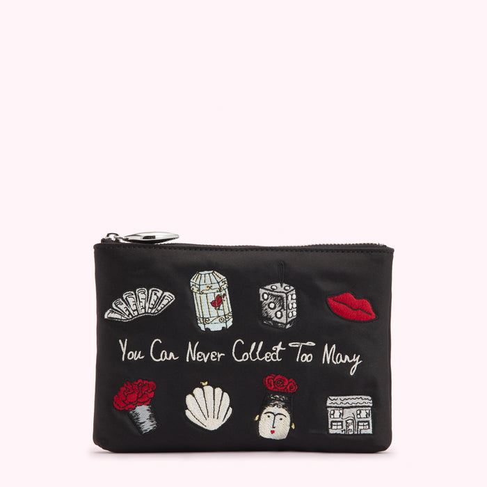 Black pouch with embroidered design featuring various images and the text "You Can Never Collect Too Many".