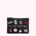 Black pouch with embroidered design featuring various images and the text "You Can Never Collect Too Many".