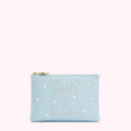 Light blue zippered pouch with the words "Pearls of Wisdom" embroidered on it and adorned with pearl accents.