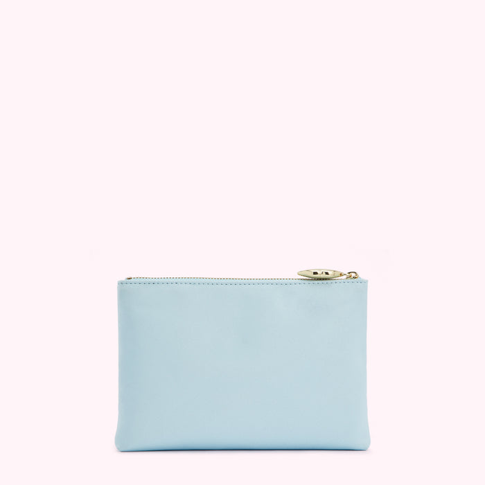 Light blue zipper pouch on white background.