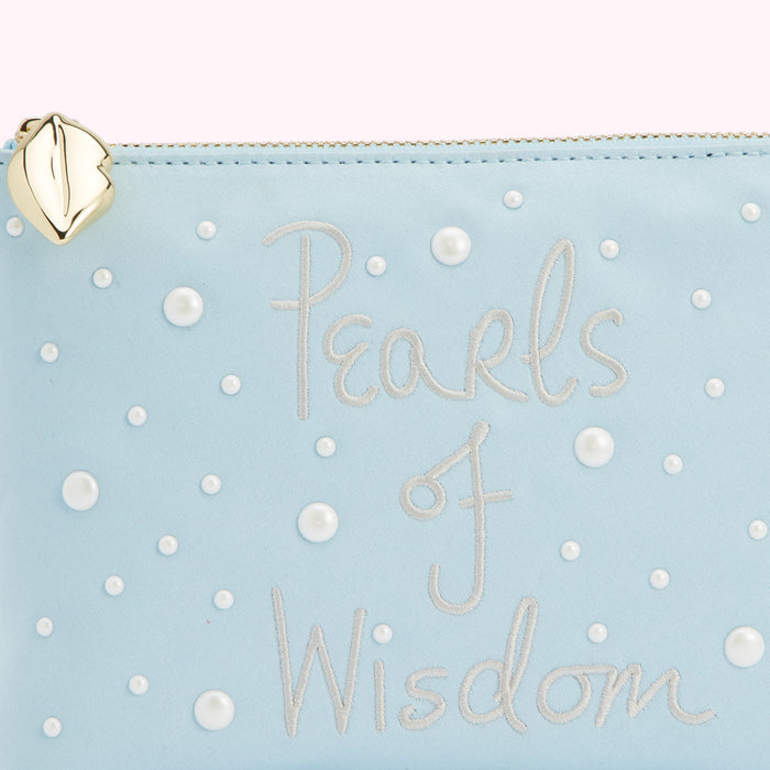 Light blue pouch with the words "Pearls of Wisdom" embroidered on it and adorned with faux pearls.