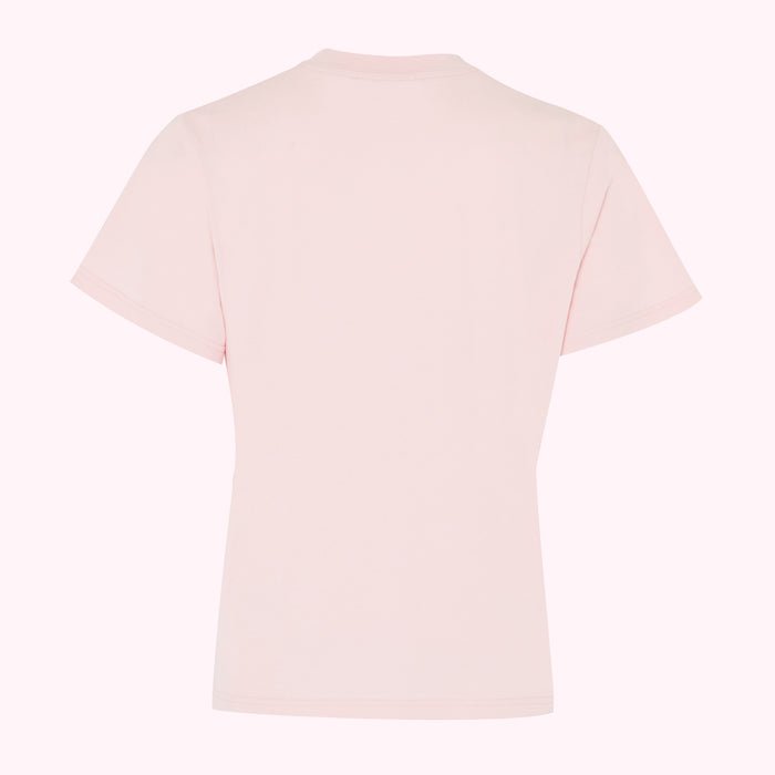 Back view of a plain light pink t-shirt.