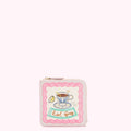 Pale pink zipped purse with embroidered Earl Grey tea design.