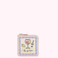 Pale pink leather zip-around wallet with embroidered gin and tonic design.
