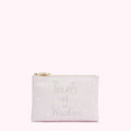 Lavender pink pouch with the words "Pearls of Wisdom" embroidered on it and pearl accents.