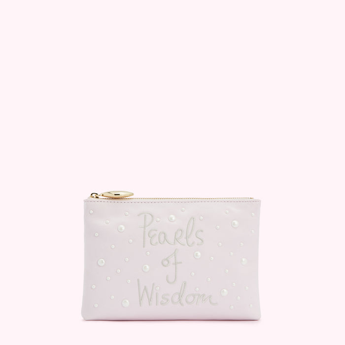 Lavender pink pouch with the words "Pearls of Wisdom" embroidered on it and pearl accents.