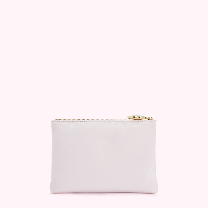 White zippered pouch on white background.