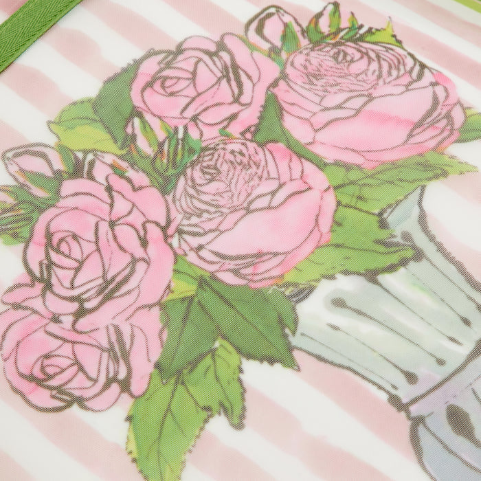 Close-up of a pink rose bouquet illustration on a sheer, striped fabric.