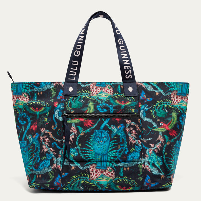 Colorful tote bag  by Lulu Guinness x Emma Shipley with animal pattern and 'Lulu Guinness' branding on a white background