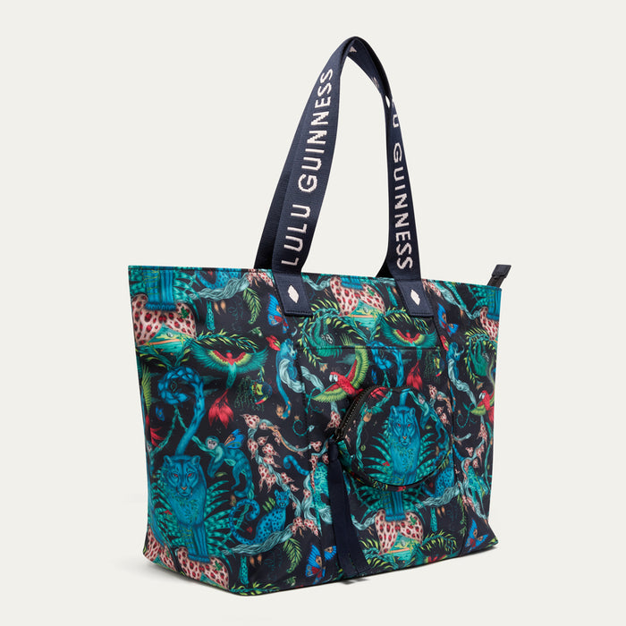 Colorful patterned tote bag  by Lulu Guinness x Emma Shipley with 'Lulu Guinness' branding on a white background