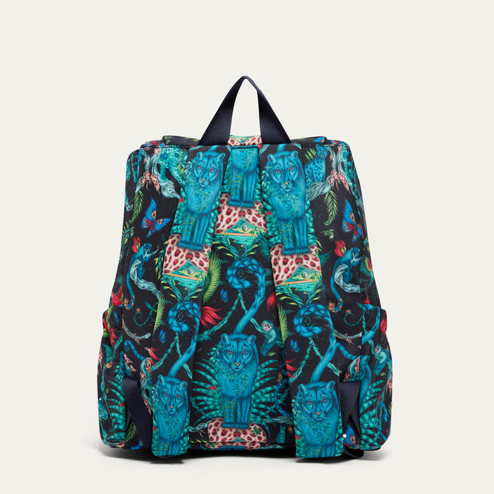 Backpack with a colorful animal pattern on a white background  by Lulu Guinness x Emma Shipley