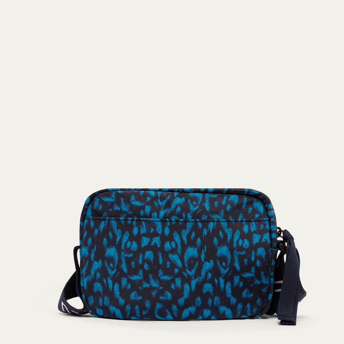 Blue leopard print crossbody bag by Lulu Guinness x Emma Shipley on a white background